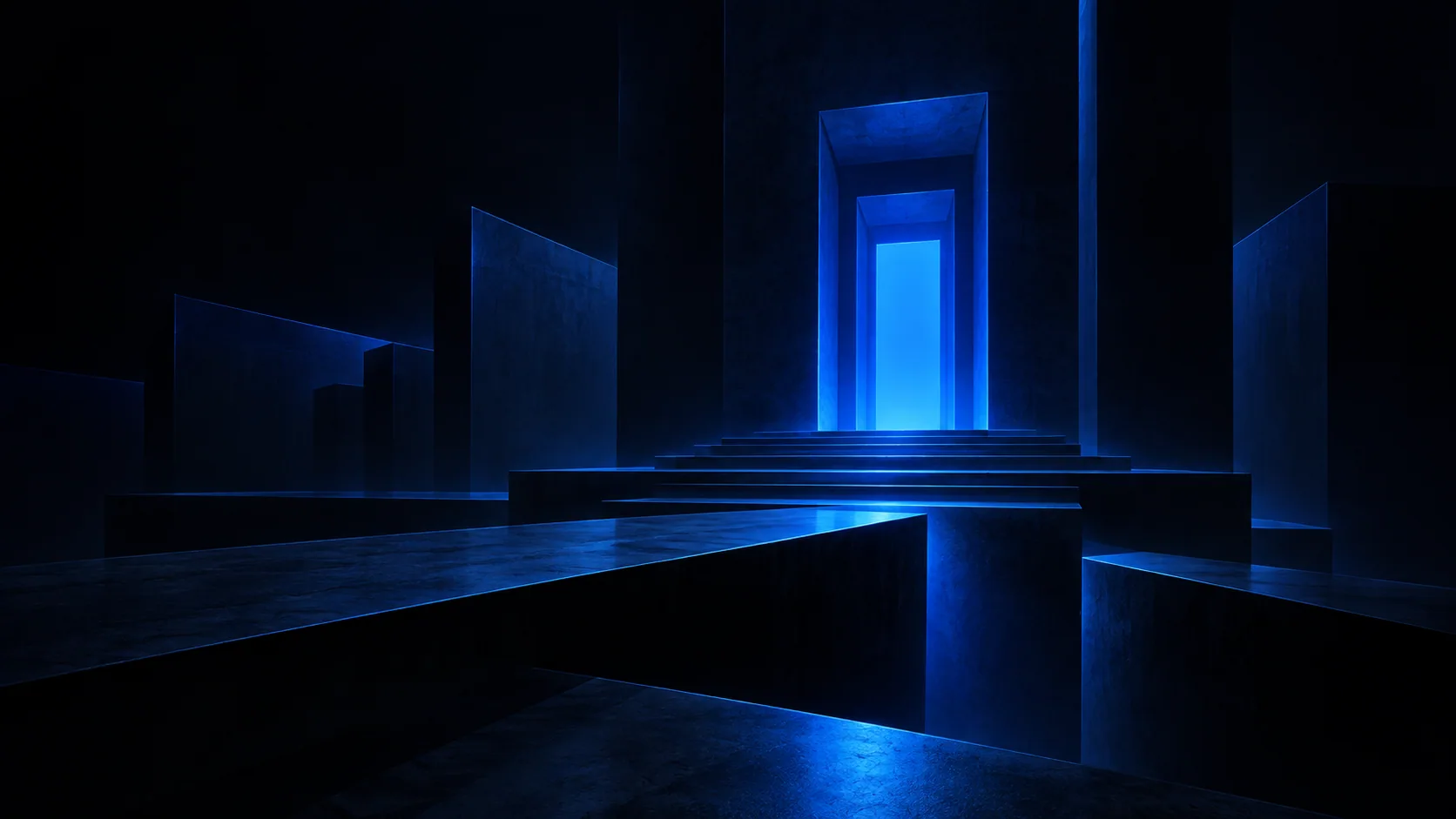 A luminous blue doorway within dark monumental architecture